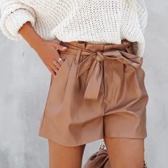 Vici Brown Faux Leather Paper Bag Tie Waist Shorts - Picture 1 of 4